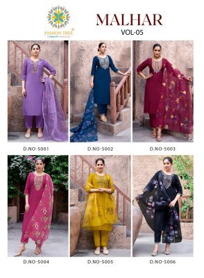 Passion Tree Malhar Vol 5 Roman Silk Embroidered Kurti, Pant And Organza Digital Print Dupatta Set Wholesale kurtis catalogs