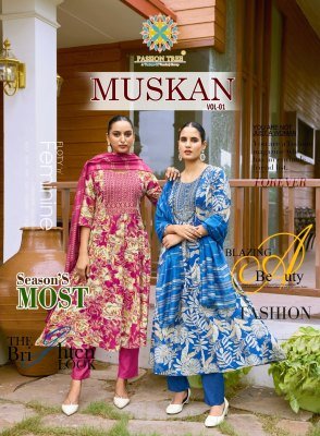 Passion Tree Muskan Vol 1 Heavy Printed Reyon Anarkali Top  Pant And Dupatta with Fancy Embroidery  Work Wholesale fancy Anarkali suit catalogs