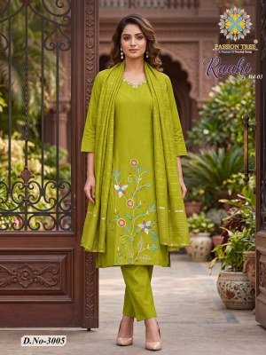 Passion Tree Raahi Vol-3 Straight Kurti Pant Dupatta Roman Silk Embroidery Set kurti pant with dupatta Catalogs