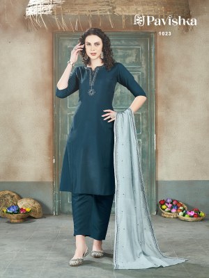 Pavishka by D 1023 roman silk neck embroidered readymade suit catalogue at affordable rate 