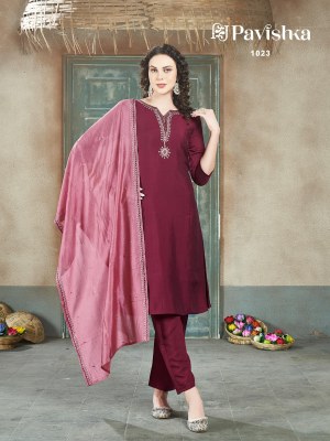 Pavishka by D 1023 roman silk neck embroidered readymade suit catalogue at affordable rate readymade suit catalogs