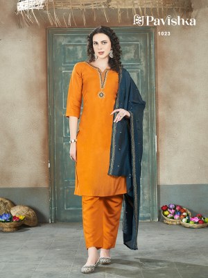 Pavishka by D 1023 roman silk neck embroidered readymade suit catalogue at affordable rate readymade suit catalogs
