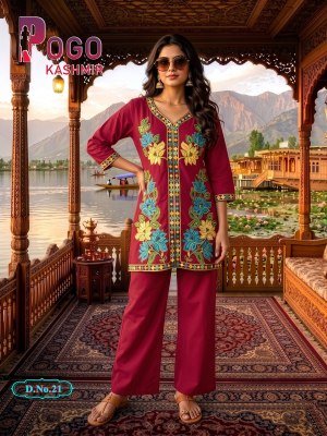 Pogo Kashmir Rayon Kashmiri Embroidered 2 Piece Co Ord Palazzo Set with Pockets co ord set catalogs
