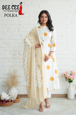 Polka Present Reyon white fabric with dot printed kurti pant and dupatta collection at low price Amavi