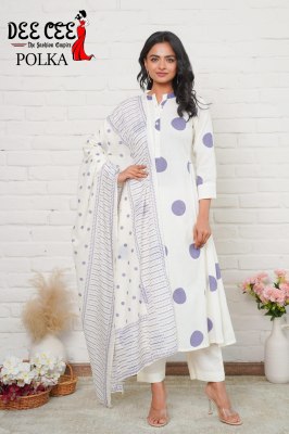 Polka Present Reyon white fabric with dot printed kurti pant and dupatta collection at low price readymade suit catalogs