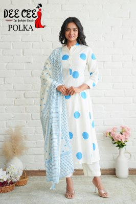 Polka Present Reyon white fabric with dot printed kurti pant and dupatta collection at low price readymade suit catalogs