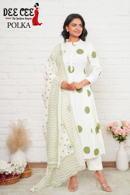 Polka Present Reyon white fabric with dot printed kurti pant and dupatta collection at low price readymade suit catalogs