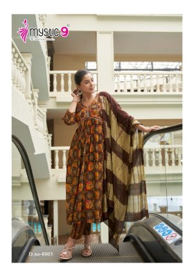 Pooja vol 8 by Mystic 9 Heavy Rayon Foil Print With Aliya Cut kurti pant and dupatta catalogue at low rate  readymade suit catalogs