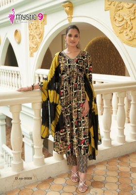 Pooja vol 8 by Mystic 9 Heavy Rayon Foil Print With Aliya Cut kurti pant and dupatta catalogue at low rate  readymade suit catalogs