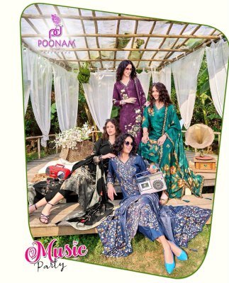 Poonam Designer Music Party Pure Muslin Shimmer Kurti with Handwork, Roman Silk Pants And Printed Dupatta with Four side Handmade Tussles Wholesale POONAM DESIGNER