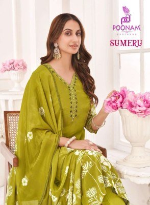 Poonam Designer Sumeru Kurti  Pure Crepe, Handcrafted Print, Mal-Mal Cotton Bottom, Georgette Dupatta with Tassels Wholesale POONAM DESIGNER