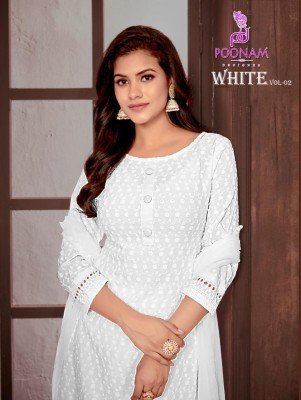 Poonam White Vol 2 Pure Rayon Chikankari Kurti Set with Heavy Rayon Pant And Nazneen Dupatta Wholesale POONAM DESIGNER