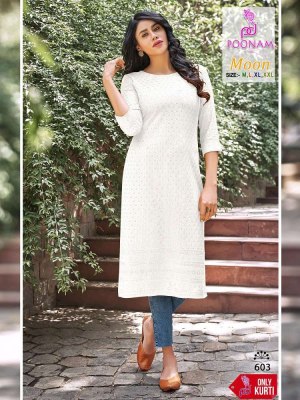 Poonam designer Moon heavy rayon schiffli work chikan Kurti wholesaler in Surat   kurtis catalogs