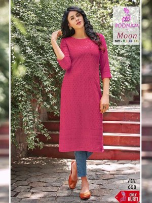 Poonam designer Moon heavy rayon schiffli work chikan Kurti wholesaler in Surat   kurtis catalogs