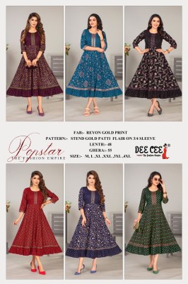 Popstar by deecee reyon gold printed gold patti with flared kurti catalogue at low rate kurtis catalogs
