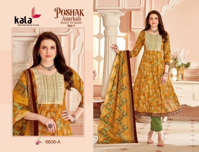 Poshak vol 1 by Kala Cotton Printed Neck Work Anarkali style kurti pant with dupatta collation with low price  readymade suit catalogs