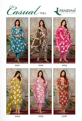 Pragyan Casual Vol 1 Straight Cut Kurti Set with Dupatta Foil Print And Embroidery Product Wholesale kurtis catalogs