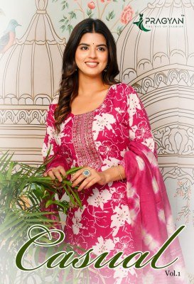 Pragyan Casual Vol 1 Straight Cut Kurti Set with Dupatta Foil Print And Embroidery Product Wholesale kurtis catalogs
