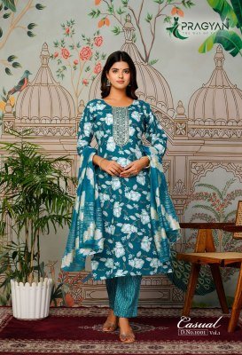 Pragyan Casual Vol 1 Straight Cut Kurti Set with Dupatta Foil Print And Embroidery Product Wholesale kurtis catalogs