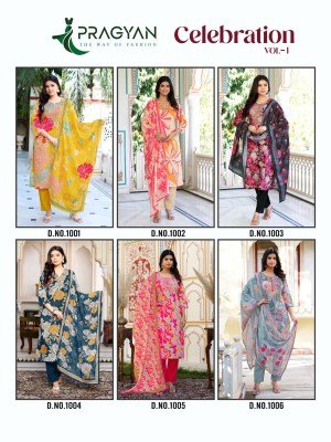 Pragyan Celebration Vol 1 Heavy Cinon Printed Top with Full Aster Embroidery, Digital Dupatta And Roman Fabric Pant Set Wholesale kurtis catalogs