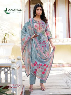 Pragyan Celebration Vol 1 Heavy Cinon Printed Top with Full Aster Embroidery, Digital Dupatta And Roman Fabric Pant Set Wholesale kurtis catalogs
