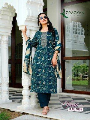 Pragyan Vani Vol 1 Royale Chanderi Charm Embroidery Kurti Set Heavy Rayon Printed Kurti  Solid Rayon Pants  Embroidery Work Chanderi Dupatta kurtis catalogs