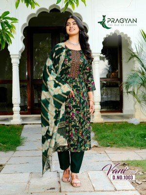 Pragyan Vani Vol 1 Royale Chanderi Charm Embroidery Kurti Set Heavy Rayon Printed Kurti  Solid Rayon Pants  Embroidery Work Chanderi Dupatta kurtis catalogs