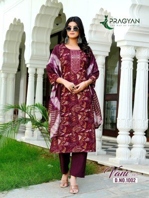 Pragyan Vani Vol 1 Strength Cut Heavy Rayon Printed Top And Bottom with Fancy Embroidered Chanderi Dupatta Wholesale kurtis catalogs
