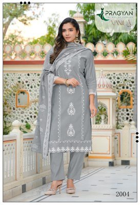 Pragyan Vanila 2 Roman Silk Embroidered Kurti Pant Dupatta Set readymade suit catalogs
