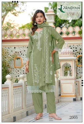 Pragyan Vanila 2 Roman Silk Embroidered Kurti Pant Dupatta Set readymade suit catalogs