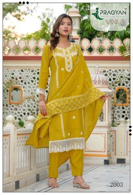 Pragyan Vanila 2 Roman Silk Embroidered Kurti Pant Dupatta Set readymade suit catalogs