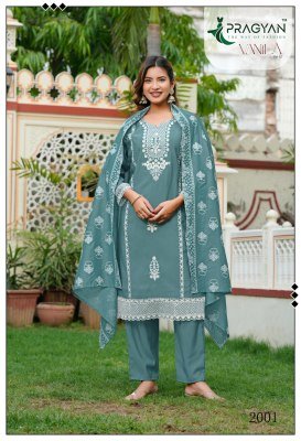 Pragyan Vanila 2 Roman Silk Embroidered Kurti Pant Dupatta Set readymade suit catalogs