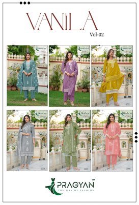 Pragyan Vanila 2 Roman Silk Embroidered Kurti Pant Dupatta Set readymade suit catalogs