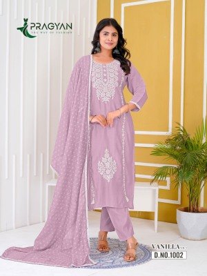 Pragyan Vanilla Vol 1  Heavy Roman Silk Top with Full Aster Embroidery And Chanderi Printed Dupatta with Border Lace Wholesale kurtis catalogs