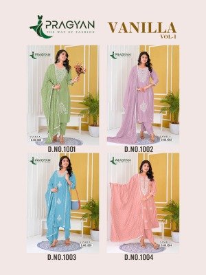 Pragyan Vanilla Vol 1  Heavy Roman Silk Top with Full Aster Embroidery And Chanderi Printed Dupatta with Border Lace Wholesale kurtis catalogs