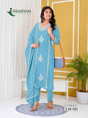 Pragyan Vanilla Vol 1  Heavy Roman Silk Top with Full Aster Embroidery And Chanderi Printed Dupatta with Border Lace Wholesale kurtis catalogs