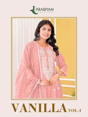 Pragyan Vanilla Vol 1  Heavy Roman Silk Top with Full Aster Embroidery And Chanderi Printed Dupatta with Border Lace Wholesale kurtis catalogs