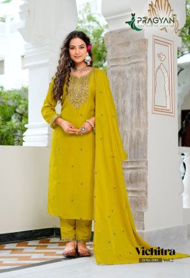 Pragyan Vichitra Vol 2 Heavy Vichitra 3 Piece Suit Set Straight Cut Bulk Wholesale kurti pant with dupatta Catalogs