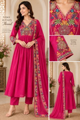 Premium 3-Piece A-Line Mal Chanderi Kurti Palazzo Dupatta Set with Embroidery Work wholesale catalogs