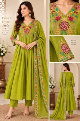 Premium 3-Piece A-Line Mal Chanderi Kurti Palazzo Dupatta Set with Embroidery Work Size wise Combo Set