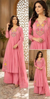 Premium 3-Piece Mul Chanderi Hand Work Kurti Pant Dupatta Set wholesale catalogs