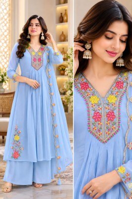 Premium 3-Piece Mul Chanderi Hand Work Kurti Pant Dupatta Set Size wise Combo Set