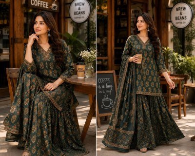Premium Ajrakh Cotton 3-Piece Handwork Kali Palazzo Sharara Dupatta Set 