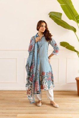 Premium Cotton 3-Piece Placement Print Suit Set with Side Slit Top Size wise Combo Set