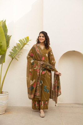 Premium Cotton 3-Piece Placement Print Suit Set with Side Slit Top Size wise Combo Set