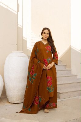 Premium Cotton 3-Piece Placement Print Suit Set with Side Slit Top Size wise Combo Set