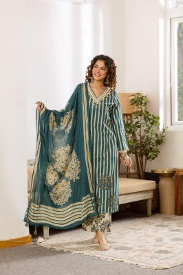 Premium Cotton 3-Piece Placement Print Suit Set with Side Slit Top Size wise Combo Set
