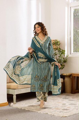 Premium Cotton 3-Piece Placement Print Suit Set with Side Slit Top Size wise Combo Set