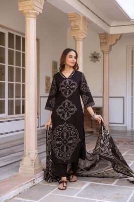 Premium Cotton 3-Piece Placement Print Suit Set with Side Slit Top Size wise Combo Set