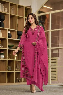 Premium Cotton 60×60 3-Piece Straight Kurti Pant Dupatta Set with Heavy Thread Embroidery 
